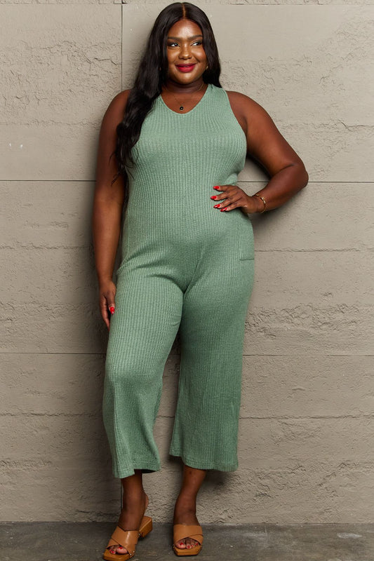Solid Rib Knit Jumpsuit for Women - Green Rib Knit Full Size Jumpsuit - V-Neck - Moderate Stretch - Rayon, Polyester, Nylon, Sleeveless