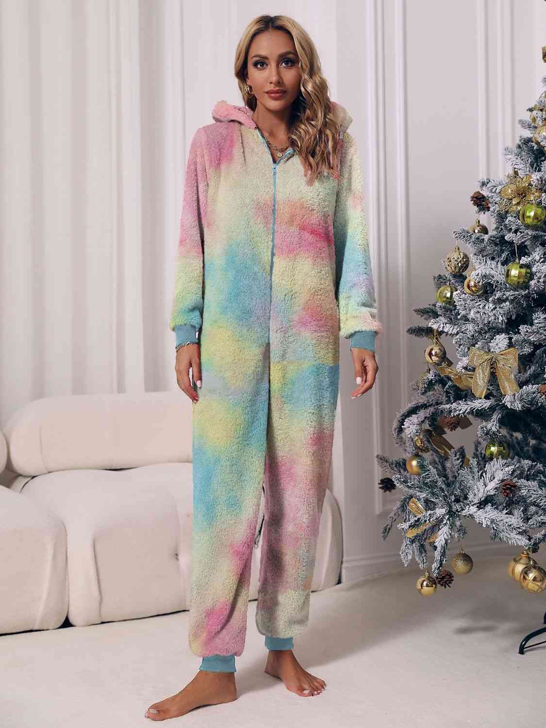 Zip Front Long Sleeve Hooded Teddy Lounge jumpsuits
