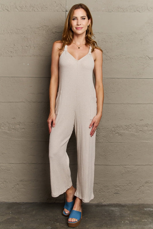 Rib Knit Jumpsuit with Pocketed - Jumpsuit for Women - Halter Neck - Moderate Stretch, Rayon, Polyester, Nylon