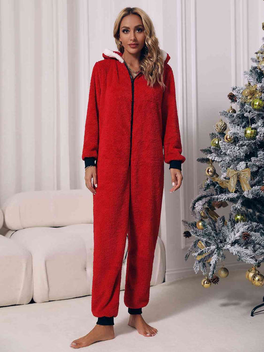 Zip Front Long Sleeve Hooded Teddy Lounge jumpsuits