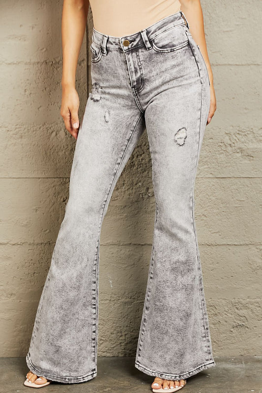 BAYEAS High Waisted Acid Wash Flare Jeans for Women - Slimming and Flattering for All Body Types - Chic, Distressed, and Highly Stretchy